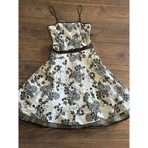 B DARLIN Womens White Brown Spaghetti Strap Mini Fit Flare Dress Sz 3/4